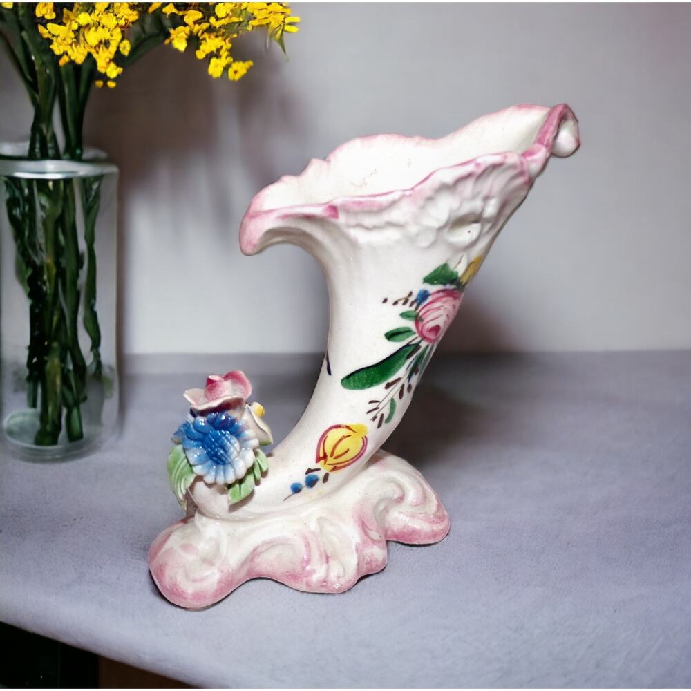 Vintage Italian Hand-painted Cornucopia Vase Numbered 760/159 Italy Floral
